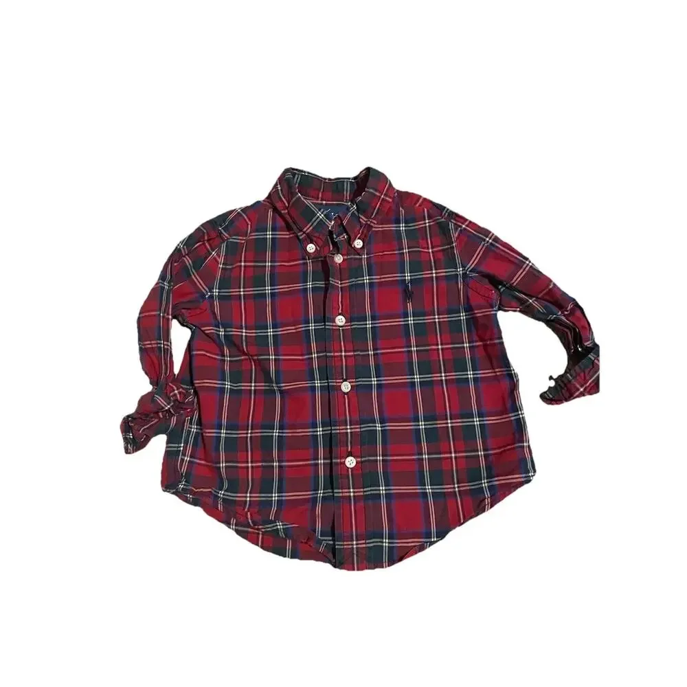Ralph Lauren Holiday Polo Plaid Button Down Oxford Shirt Red Green Boys 18 Month
